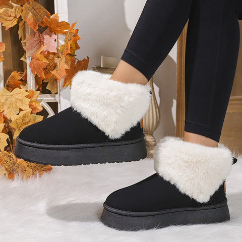 Winter Plush Snow Boots Fashion Round Toe Flat Thickened Suede Cotton Shoes For Women Casual Warm Short Boot