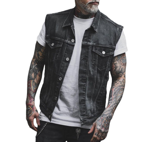 Casual Men's Clothing Denim Jacket Sleeveless Turn-down Collar Coat